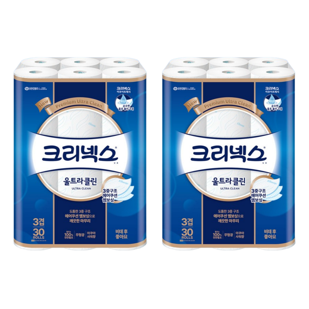크리넥스 천연펄프 3겹 울트라클린 27m 30롤 2개 36,000원