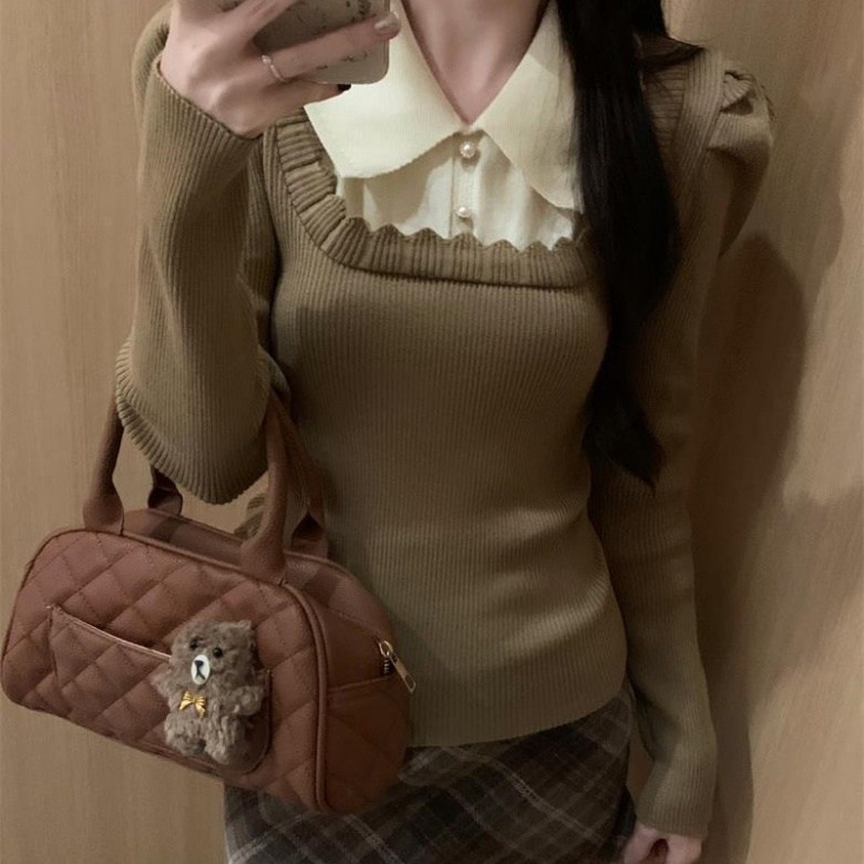 아이엠몽 여성용 베이직핏 카라넥 배색 레이어드 긴소매 니트 블라우스 R6S139 14,900원