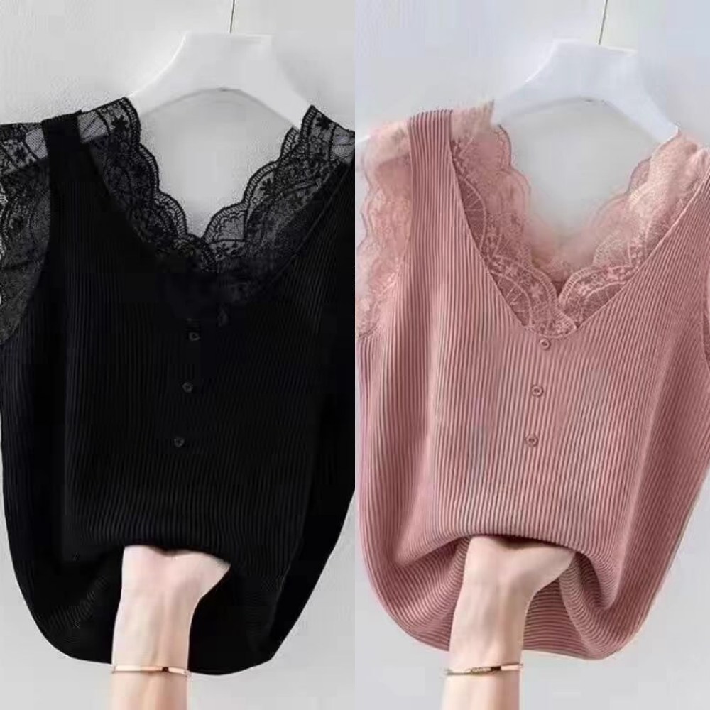 ROYALBELLE (1+1)2장묶음 여성 브이넥 레이스 민소매 탱크탑 스트라이프 루즈핏 나시 D0040916 16,000원