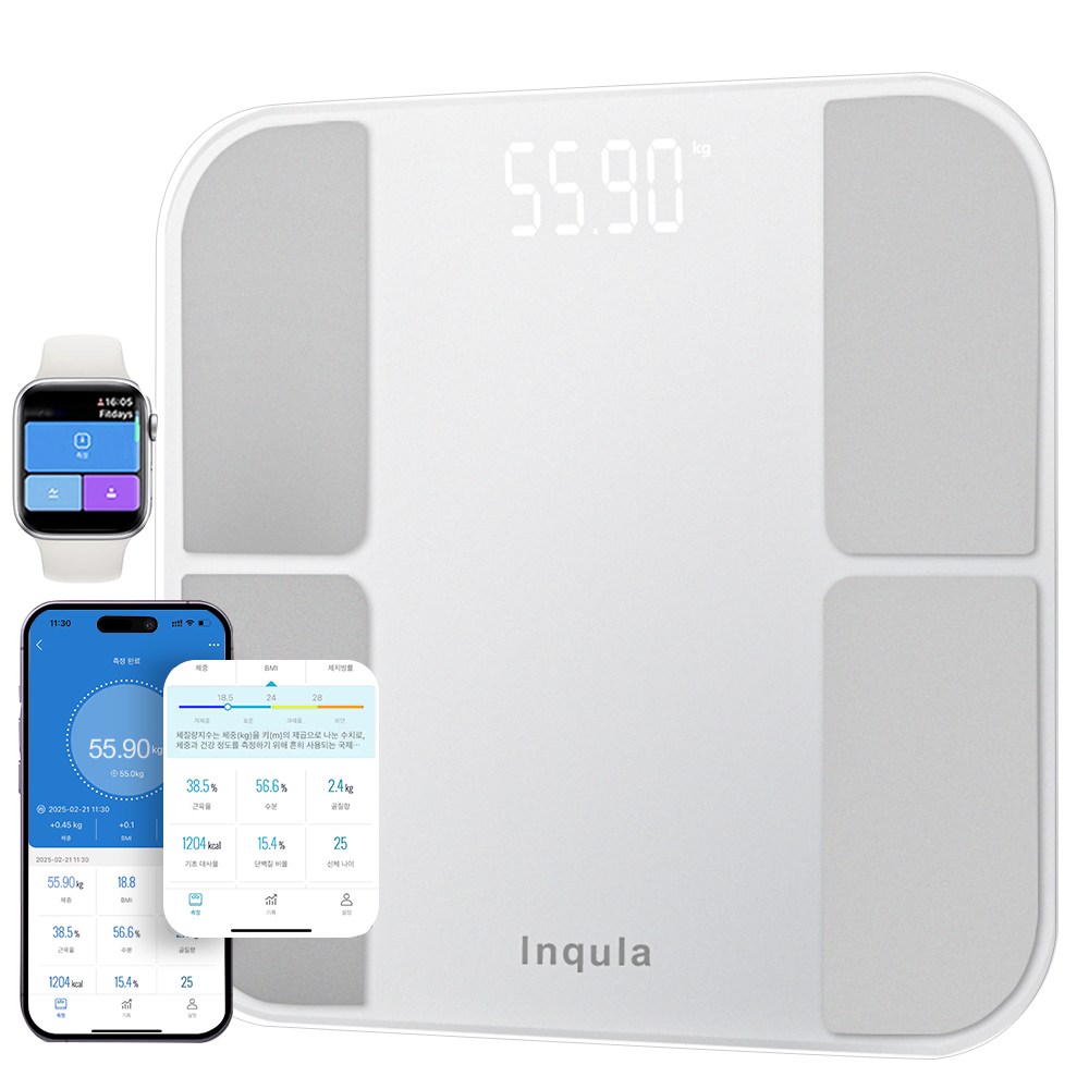 인쿨라 체중계 가정용 체중계 체중계 블루투스 체중계 고급 블루투스 체지방 저울 가정용 체중계 모던 디자인, 흰색, 1개, RJ7024 24,700원
