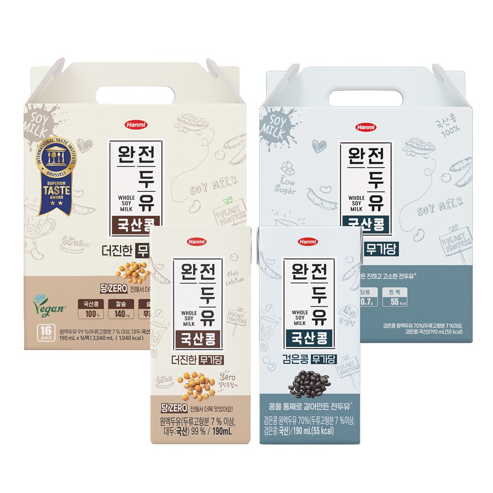 한미 완전두유 더진한 국산콩 무가당 16팩+검은콩 무가당 16팩 190ml 총 32팩 21,500원