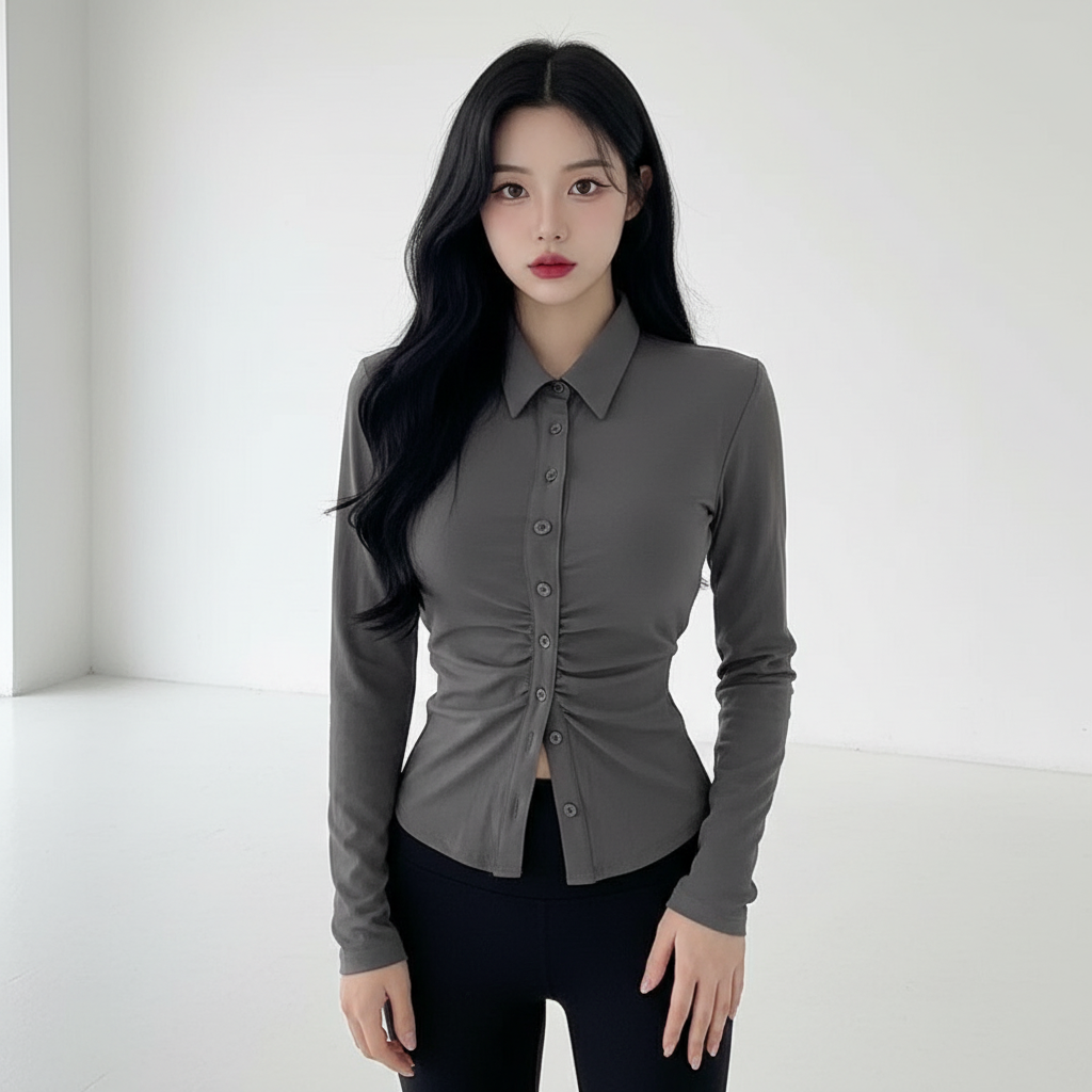 마켓피아 여성용 셔링 카라넥 슬림핏 블라우스 셔츠 16,700원