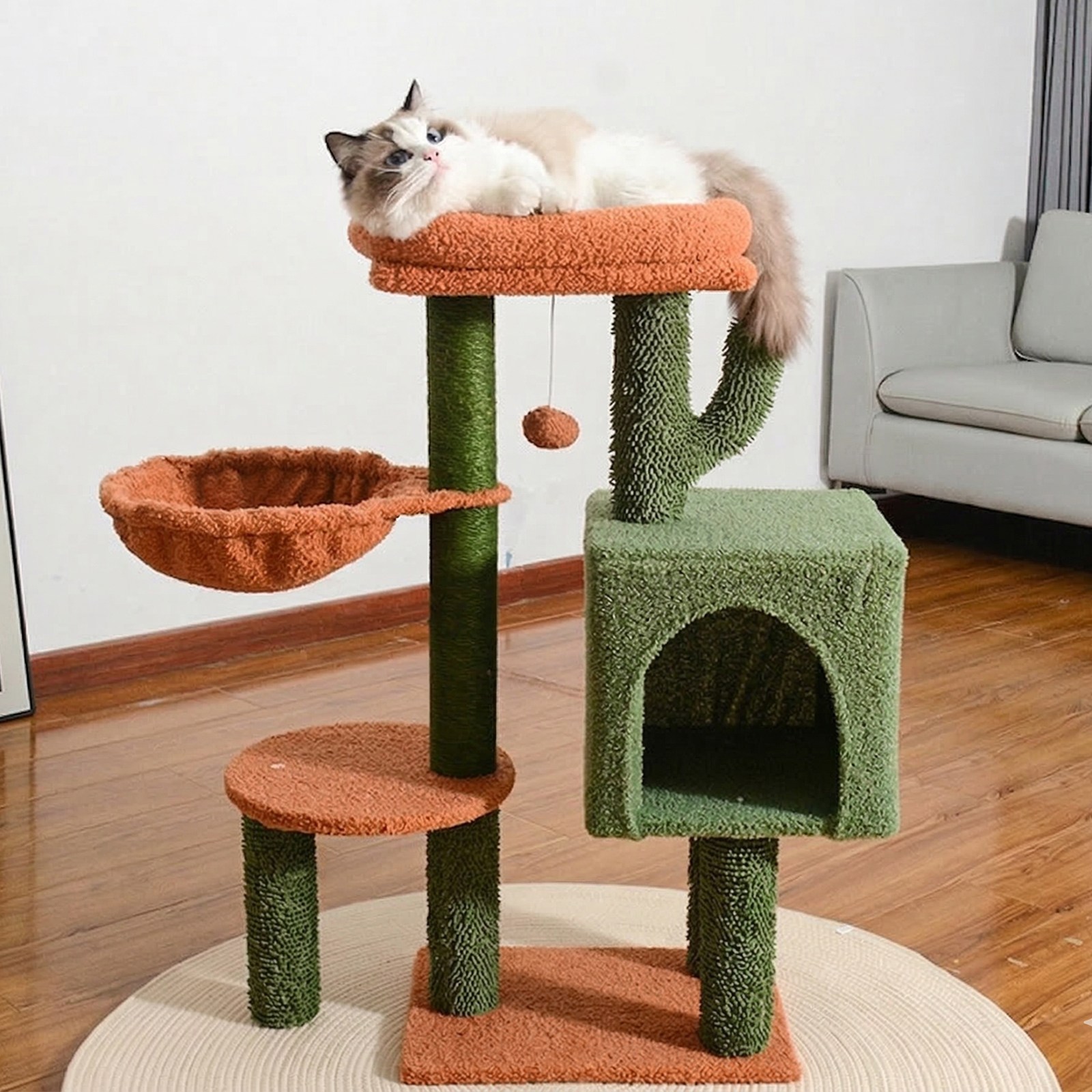 귀여운 선인장 디자인 고양이 타워 두툼한 매트 고양이 하우스 일체형 고양이 스크래처 안정적인 베이스, 1개, 그린 55,000원