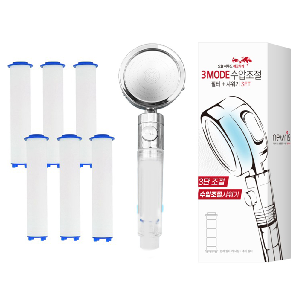뉴리스 수압 3단계 조절 온오프 정수 필터 샤워기 헤드 + 필터 6개 12,750원