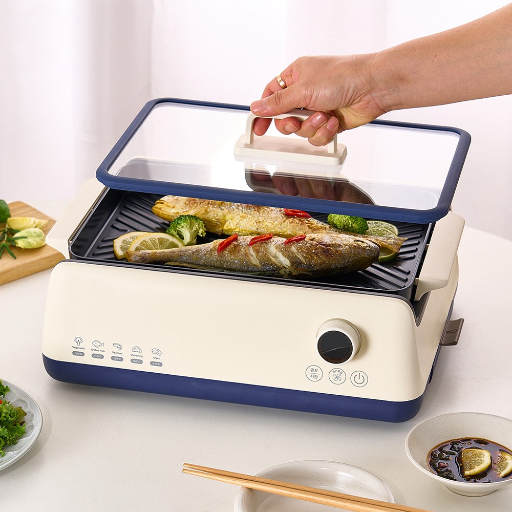 연기 안나는 고기불판 전기그릴 세라믹코팅 실리콘 유리뚜껑 가정용 그릴팬 화로 휴대용 캠핑 전용가방, 실내 전기그릴 129,000원