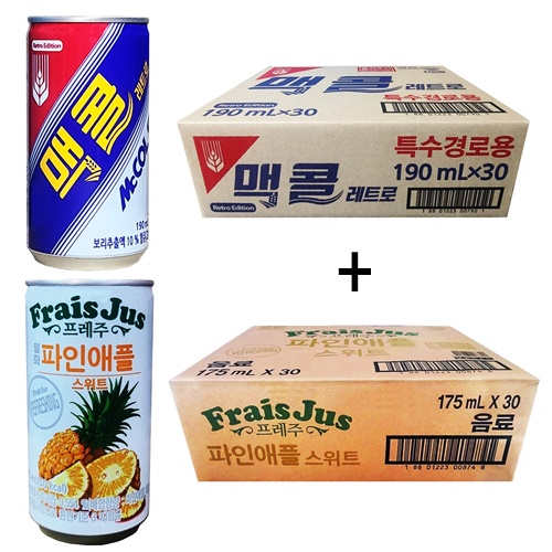 일화 맥콜 190ml(30캔) + 프레주 파인애플 스위트 175ml(30캔), 60캔 27,900원