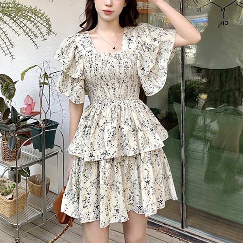 ORZQU 여름 여성 캐주얼 프릴 반팔 프린트 원피스 튜닉 캉캉스커트 스퀘어 칼라 바캉스룩 32,600원