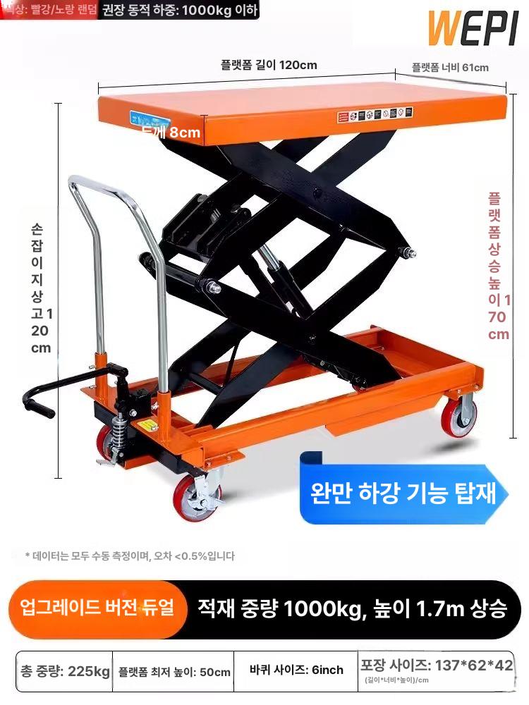 테이블리프트 수동 유압 핸드 상하차 PT150KG, 1개, 1t 1.7m 1200 팩 600 1,152,200원