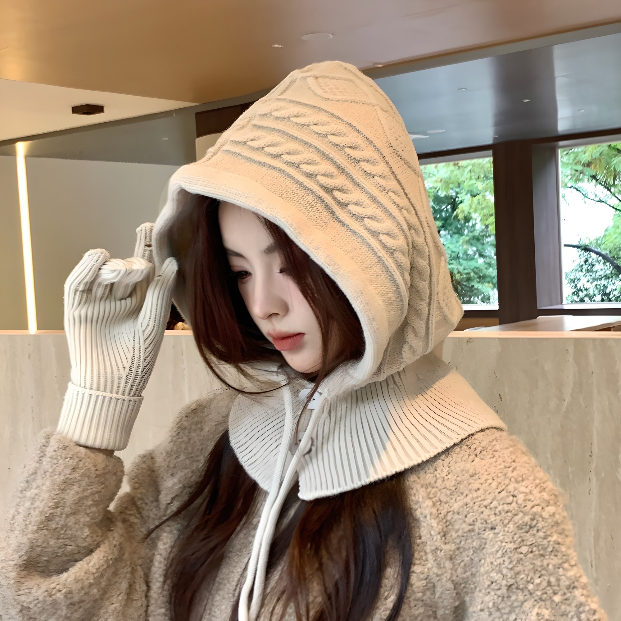 모어피크 도톰 꽈배기 니트 바라클라바 후드 넥워머 13,900원