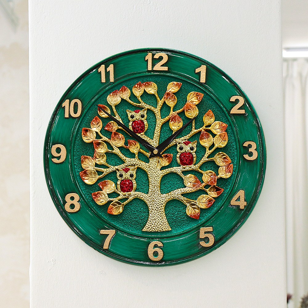 골드도금 돈나무 부엉이 벽시계 벽걸이 인테리어 거실 집들이 사무실 개업 선물, 2. 에메랄드(E1) 74,900원