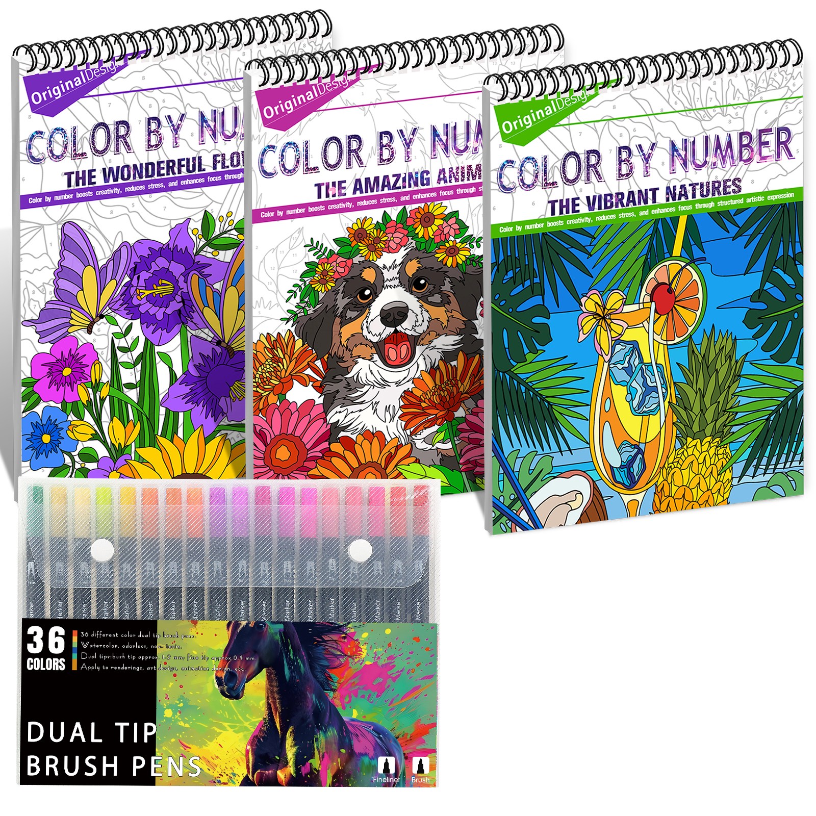 INCEROSE 프리미엄 성인용 색칠책 -세트 콤비네이션 색칠책 - 숫자 색칠책 포함 3권- 60쪽 - 성인용 색칠책 - 마커펜 36색, 페인팅 세트 4종 세트, 성인 컬러링 북 60,000원