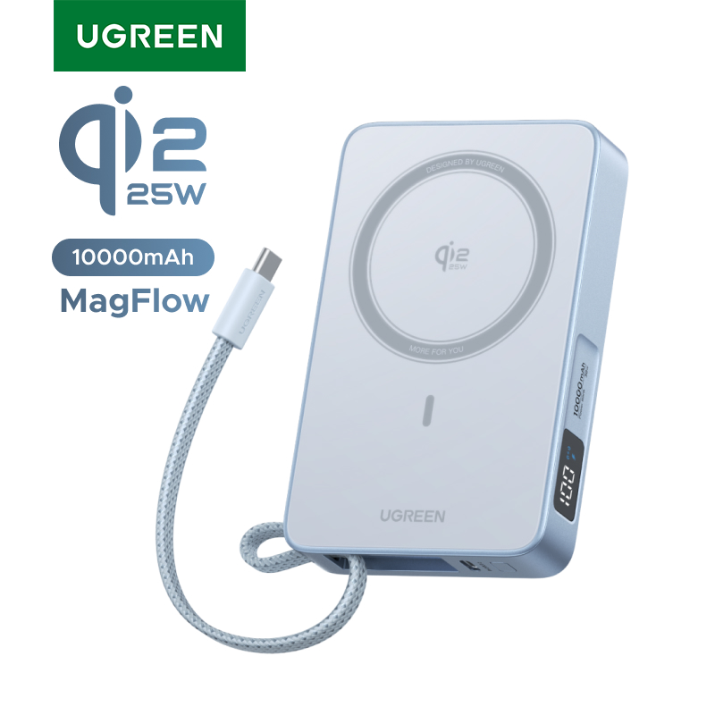 UGREEN 유그린 MagFlow Qi2 25W 10000mAh 무선 충전 보조배터리 일체형 맥세이프 보조배터리 30W C타입 케이블 내장형 파워뱅크 아이폰17 프로맥스/16 호환, Blue, PB773 73,760원