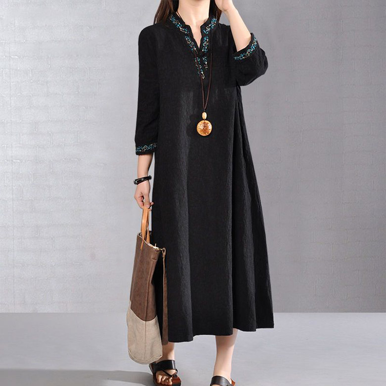 POMTOR 가을 여성 빅사이즈 면마 루즈핏 자수 긴팔 린넨 롱 원피스 25,400원