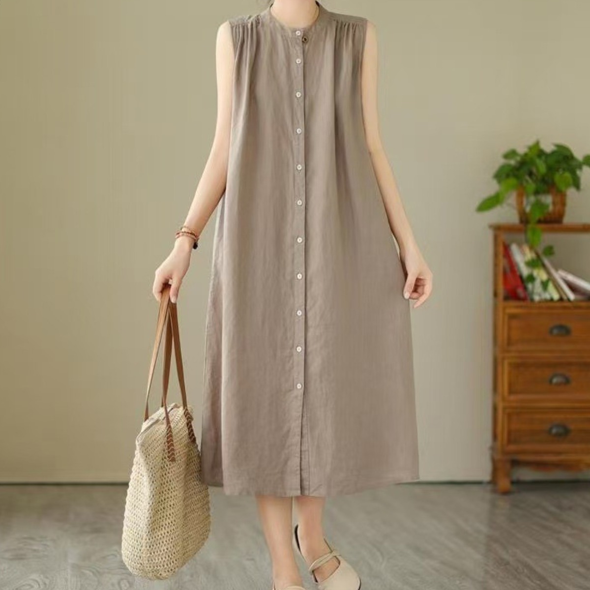 타임퓨어 여성 여름 루즈핏 캐주얼 롱 캐주얼 민소매 솔리드 원피스 라운드넥 시원한 휴양지 민소매 나시 원피스 20,540원