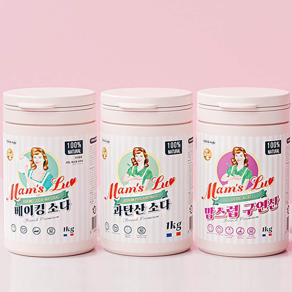 맘스럽 3종셋트(초특가) 베이킹소다 1kg /과탄산소다 1kg /구연산 1kg 셋트 프리미엄 천연세제 3종  세탁세제 세정제 10,990원