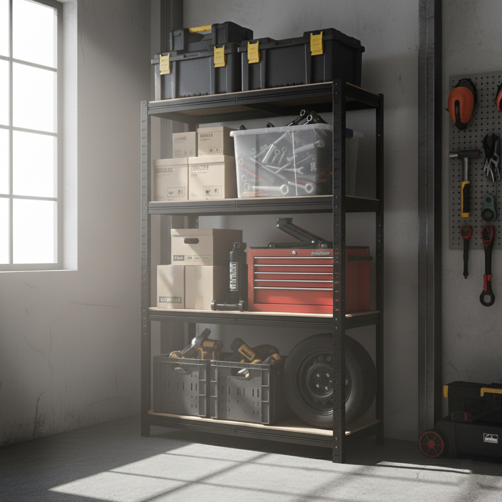 부원진열장 에코랙 무볼트 조립식 철제 앵글 선반, 4단, 블랙, 현재가 48,600원