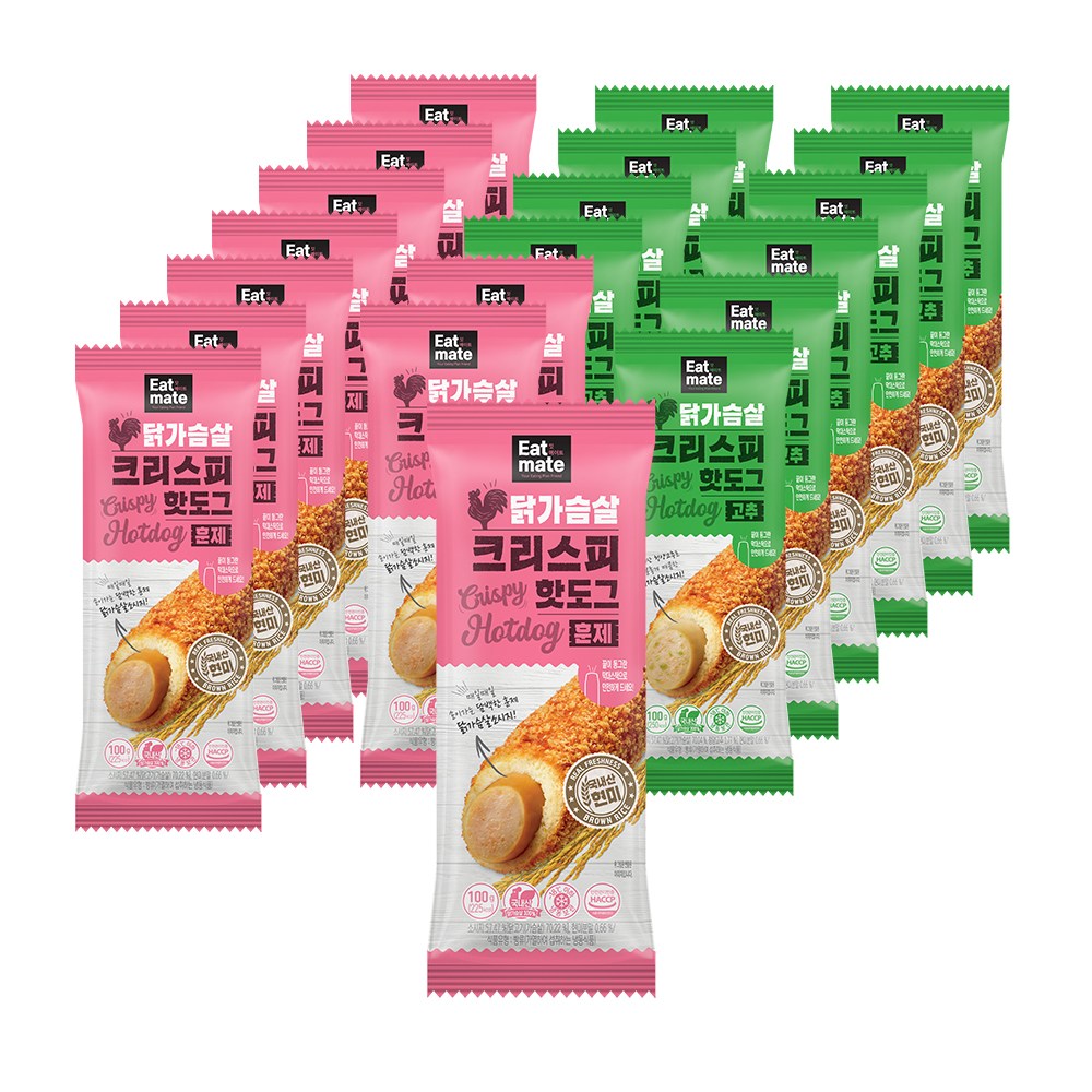 [랭킹닭컴] 잇메이트 닭가슴살 크리스피 현미핫도그 2종 혼합, 20개, 100g 38,000원