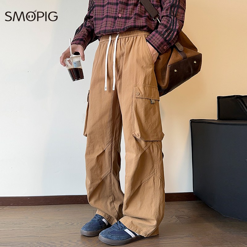 SMOPIG 남자 와이드 입체 재단  팬츠 순면으로 만든 두툼하다 춘추 캐주얼 바지 내마모성카고바지 널찍하다 드리움 캐주얼 바지 32,800원