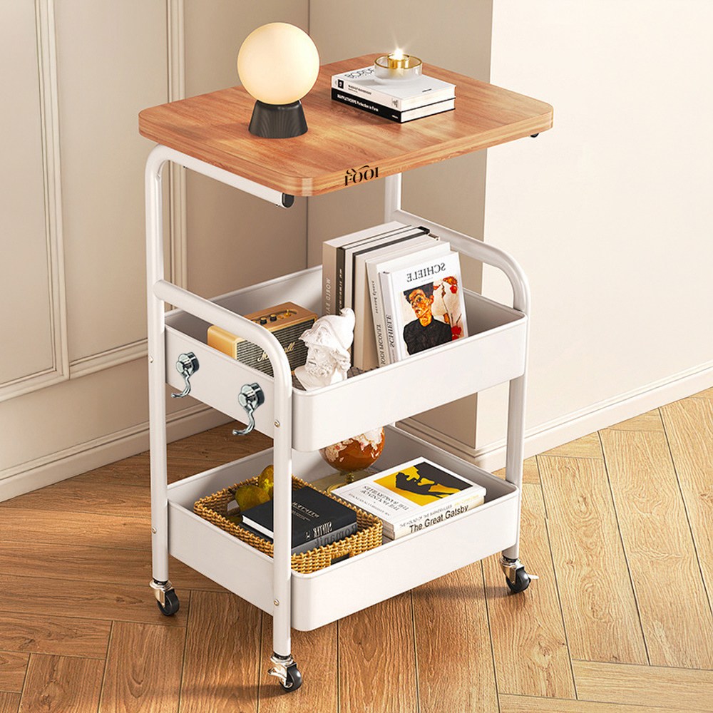 [5시건 당일배송] FOOI 바퀴달린 이동식 철재 트롤리 + 초강력 자석고리 가정용 선반 진열장 360도 회전, 원목 화이트, 3단 22,810원