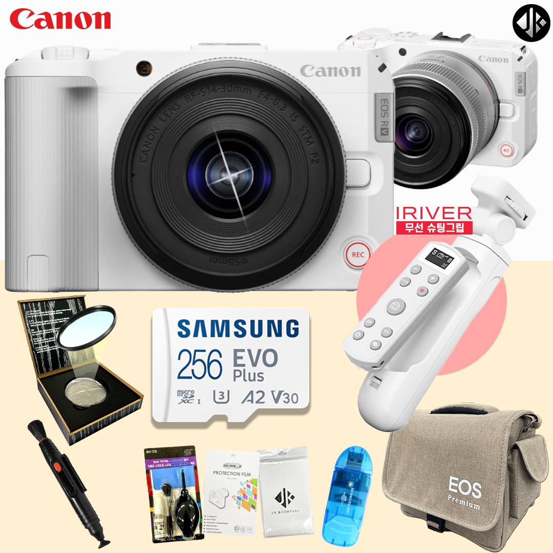 캐논 EOS R50 V 화이트 +14-30 KIT + 아이리버 정품 OLED 무선 슈팅그립 포함 9종 크리에이터 패키지 256GB 1,390,000원