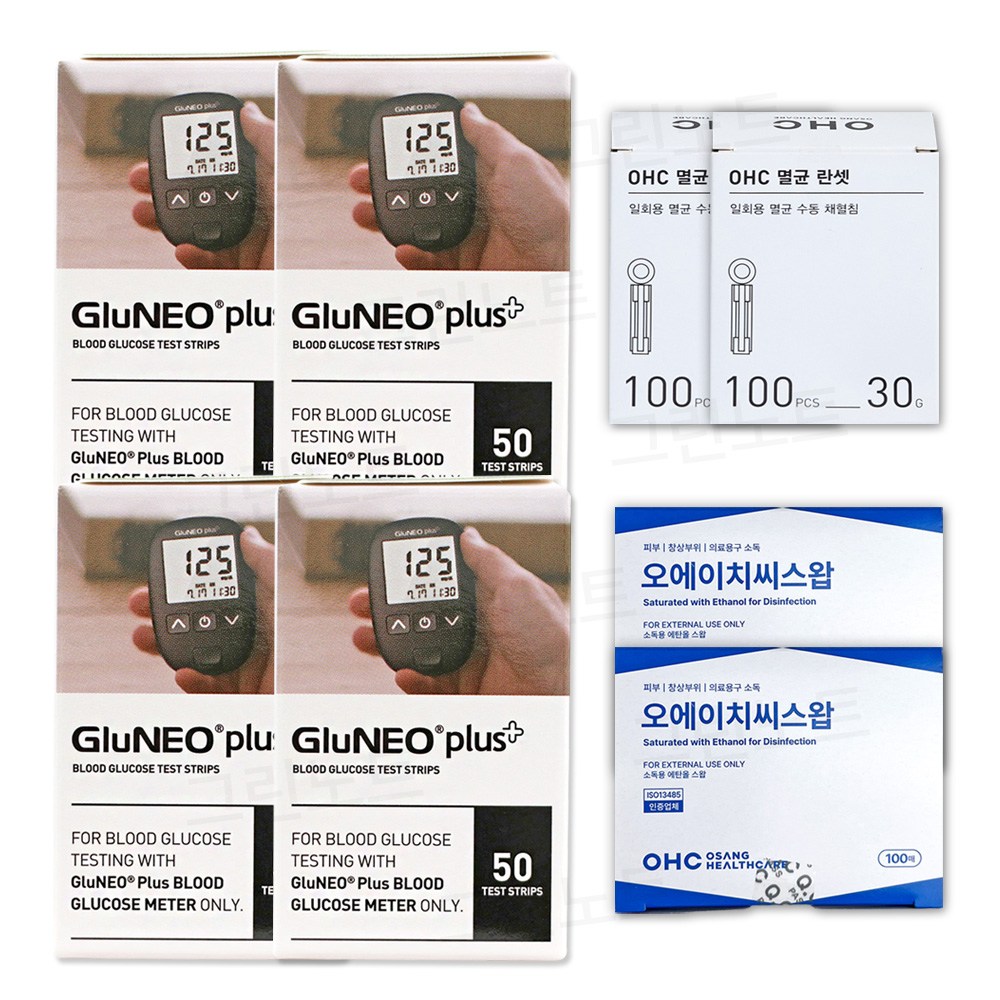 오상헬스케어 글루네오 플러스 혈당시험지 200p + 채혈침 200p + 알콜솜 200p 세트 39,300원