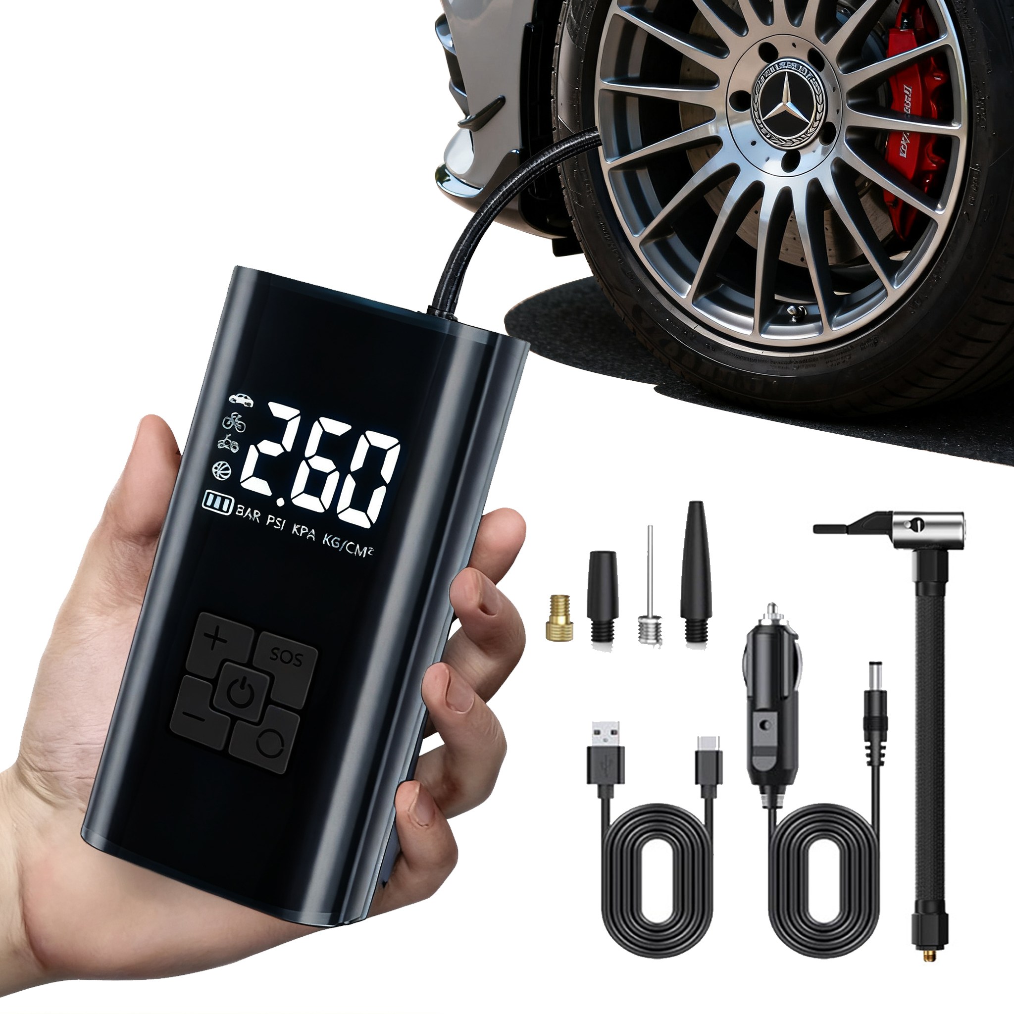 타이어 공기압 주입기  휴대용 무선 올인원  세트 6000mAh  타이어 압력 모니터링/led손전등/보조배터리/자동차 농구공 자전거 오토바이 다용도에어펌프 15,600원