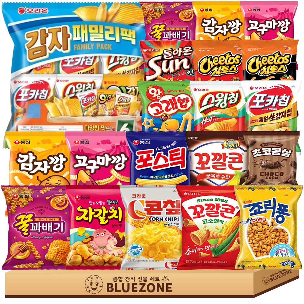 미니봉지과자세트25종 오리온감자패밀리팩6입 오리온4종,농심4종꿀자감고4종꿀고감포 롯데4종,크라운2종 초코몽실 25,800원