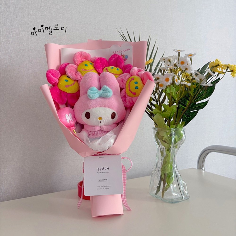 정품 산리오 파티 봉제인형꽃다발 스마일꽃4송이  산리오 키링 졸업선물 졸업식꽃다발 17,500원