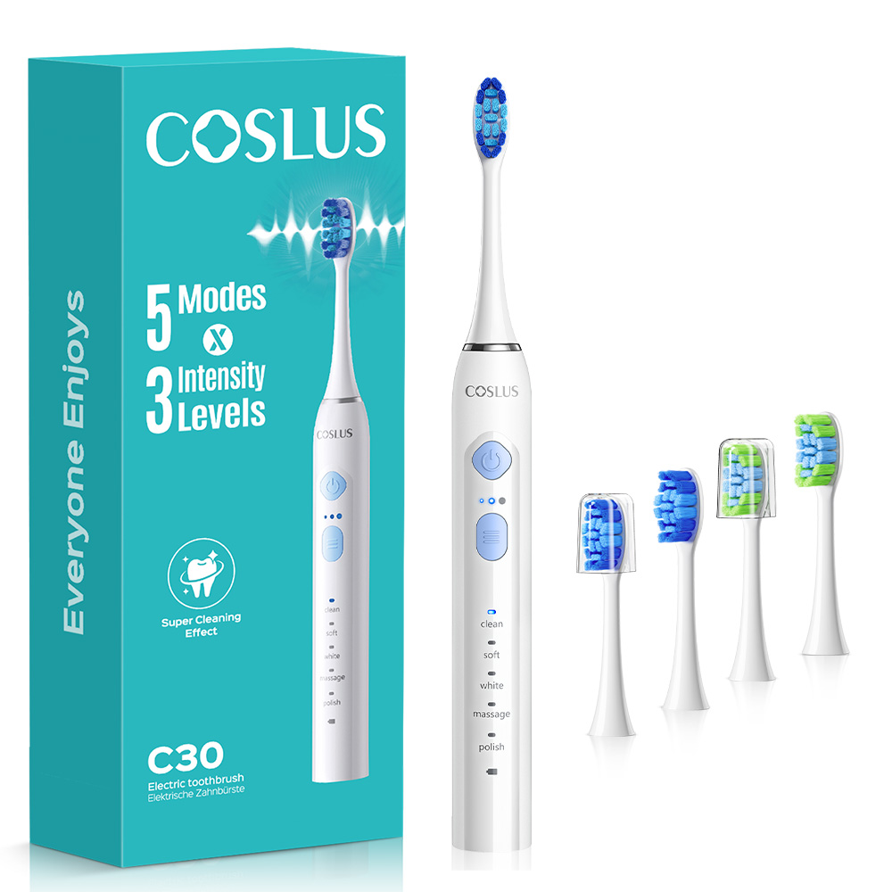 COSLUS 5 x 3 멀티모드음파 전동칫솔+ 4 개의 헤드 구강 케어 세트, 1개, 화이트, C30 electric toothbrush 25,990원