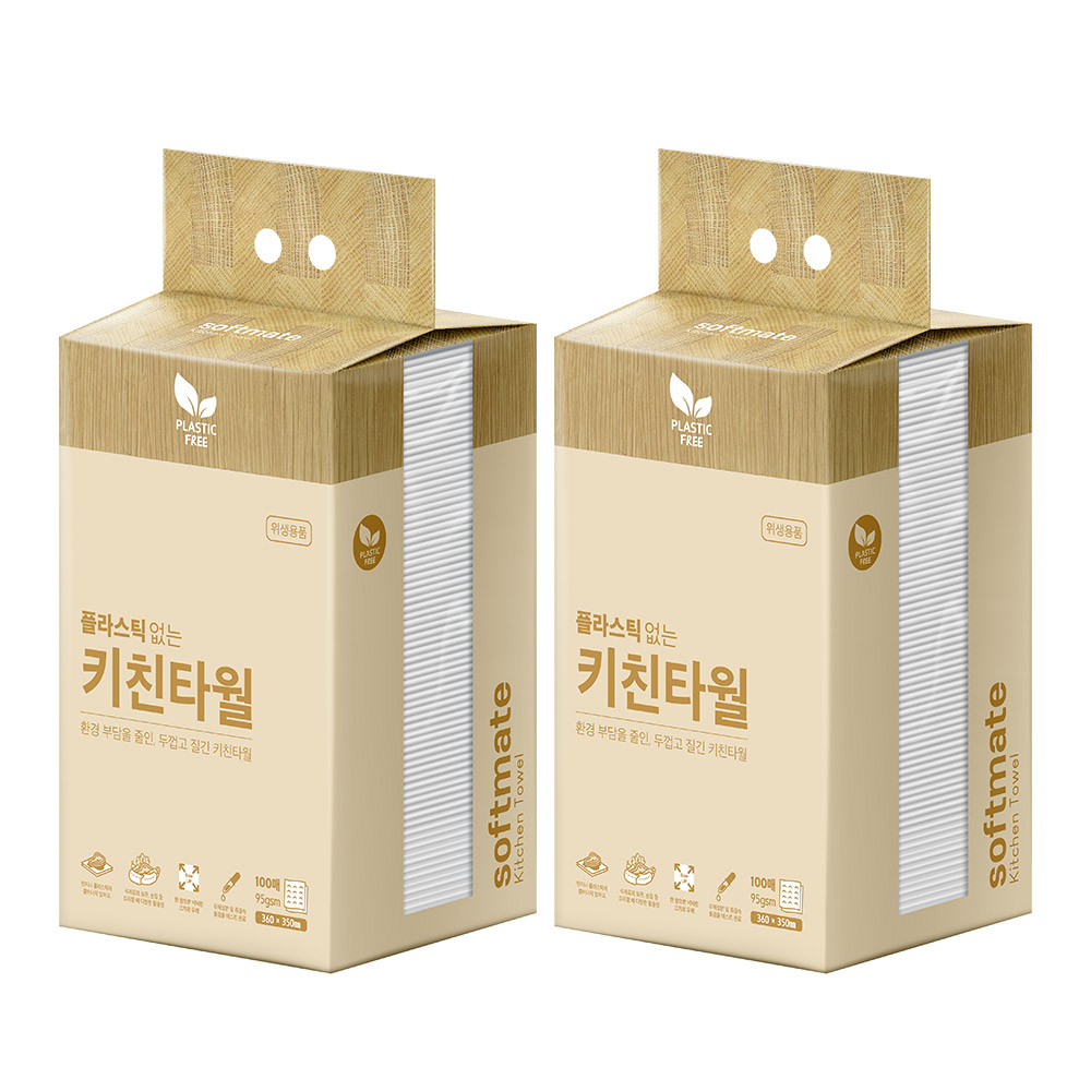 순둥이 소프트메이트 플라스틱 없는 키친타월 100매 2팩 /다용도 주방타올 행주 청소, 2세트, 100매 34,800원