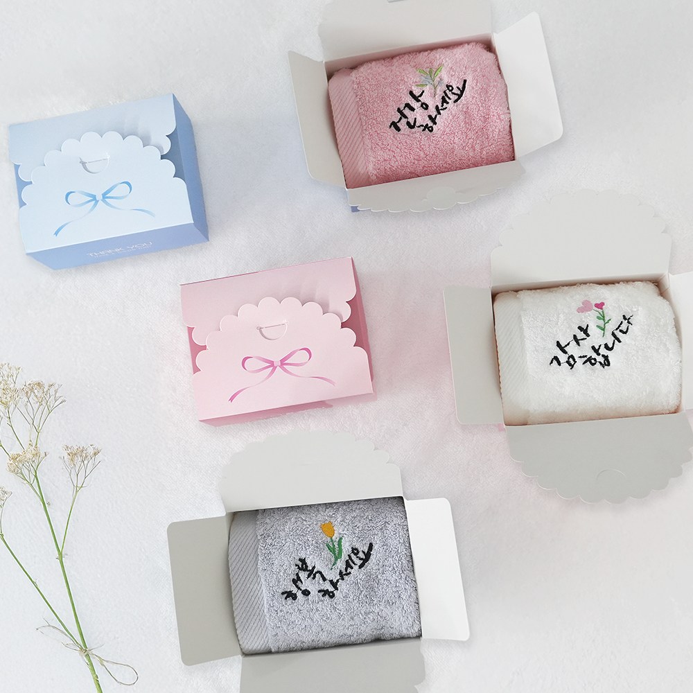 어메니티타올 캘리 자수 40수 무형광 고리수건 레이스케이스 선물포장 답례품 79,800원