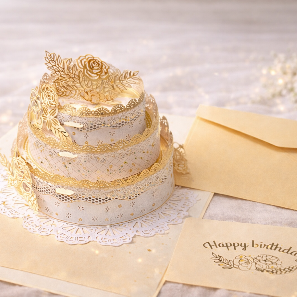 우택 3단 케이크 생일축하 팝업카드 + 봉투 세트, 골드, 3팩 23,500원