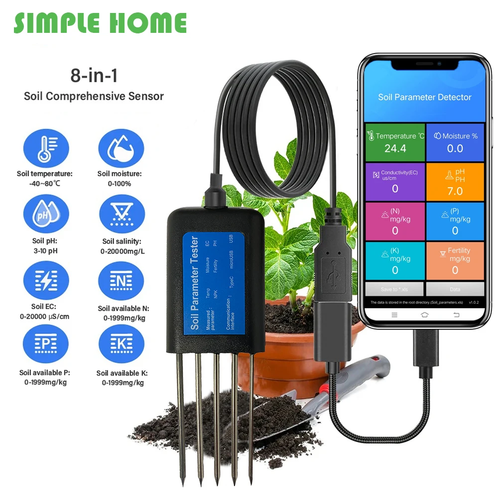 블루투스 휴대용 토양 측정기 스마트 토양 PH 미터 EC 염도 비옥도 공기 습도 온도 광 감지 8 in 1 토양 모 67,920원