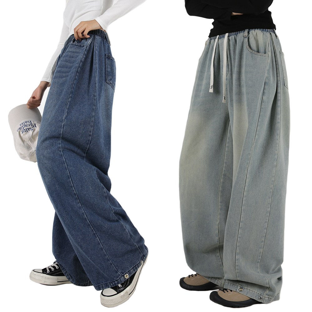 오버나인 여자 여성 벌룬 데님 밴딩 옆핀턱 스넵버튼 와이드 청바지 팬츠 28,380원