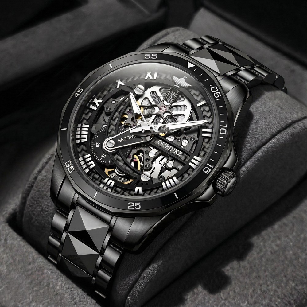 OUPINKE 남성 시계 정품 자동 기계식 오토매틱 럭셔리 명품 투조 패션 워터프루프 야광 흑무사 남자손목시계 376,000원