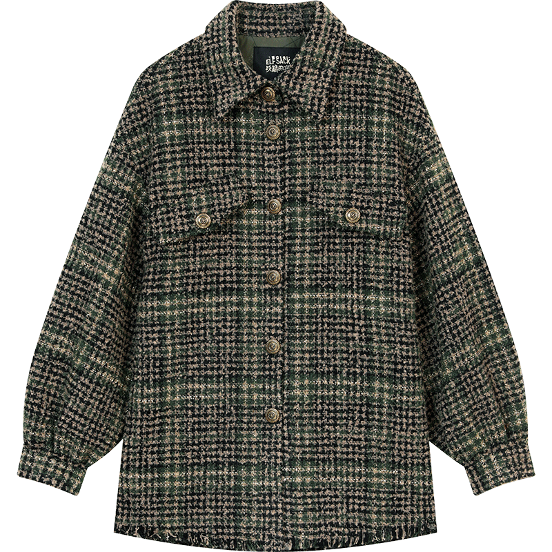 ELFSACK 여성 루즈핏 체크 트위드 셔츠 자켓 - 빈티지 메탈 버튼 캐주얼 레이어드 가디건 가을 겨울 아우터 144,620원