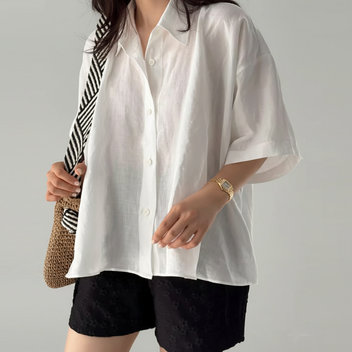 퀸앤조이 여성용 여름 빅사이즈 린넨 블라우스 카라넥 오버사이즈 슬릿 데일리 블라우스 루베아 56,800원