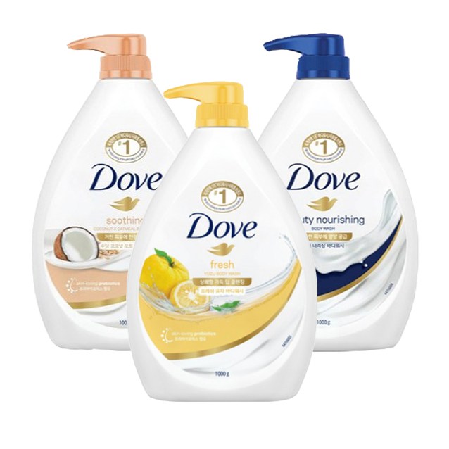 도브 바디워시 3종 뷰티너리싱 1L + 코코넛 1L + 유자 1L 21,500원