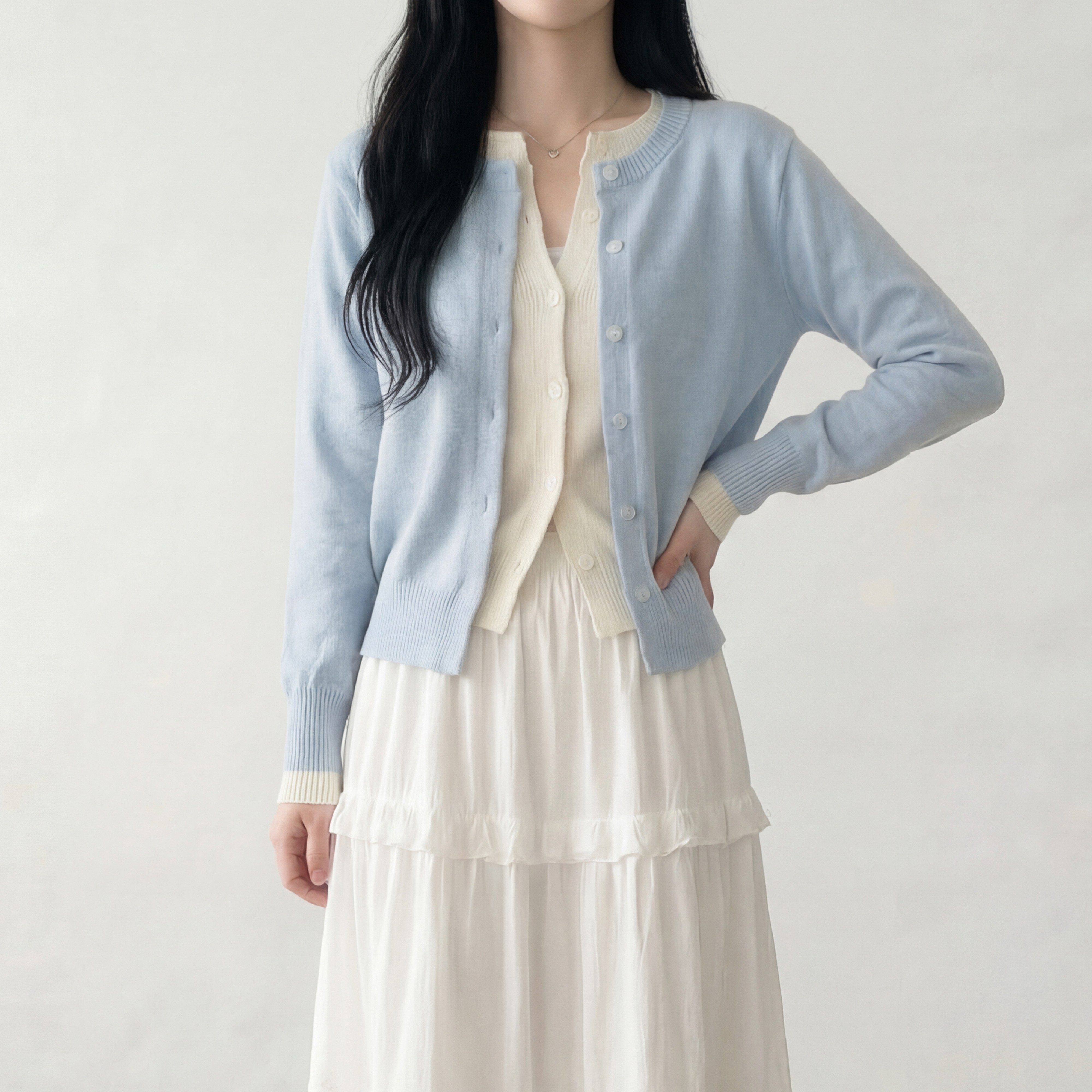 모던스튜디오 여성 배색 레이어드 라운드넥 니트 가디건 19,700원