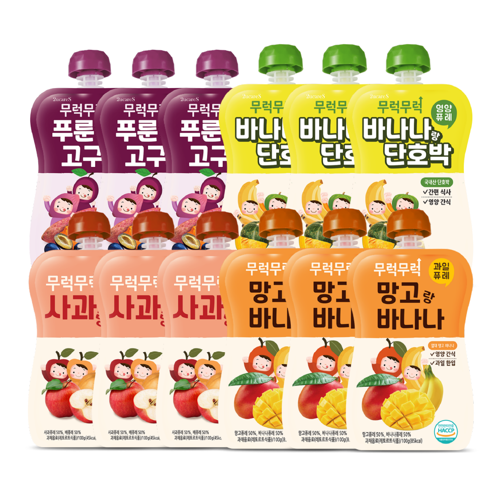 무럭무럭 키즈죽,과일퓨레 알뜰 12팩(푸룬고구마,바나나단호박,사과배,망고바나나 각 3팩) 27,900원
