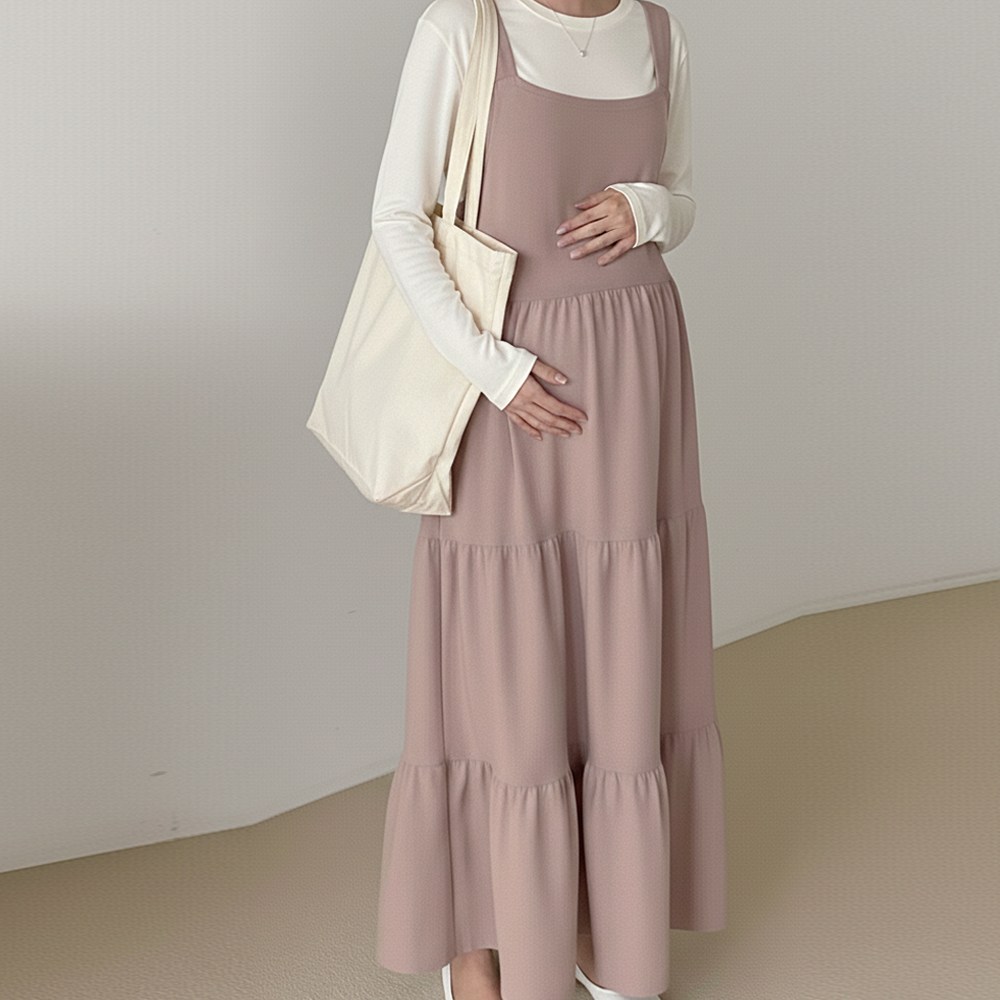 [당일출고] 수엠W 임산부 캉캉 멜빵 롱 원피스 만삭촬영 임부복 외출복 뷔스티에 루즈핏 T01 엘라멜빵원피스 19,900원
