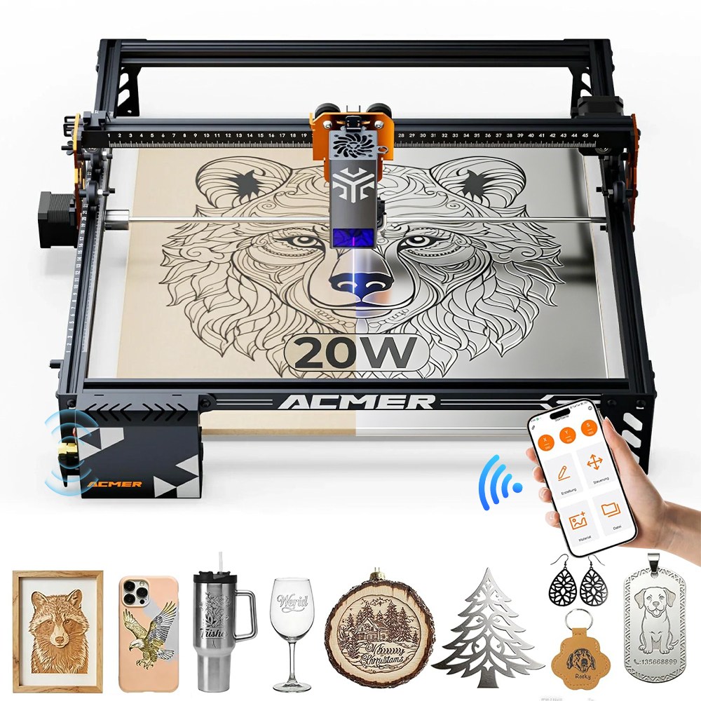 Acmer 20W 소형 금속 레이저 각인기 마킹기 커팅기 아크릴 가죽 유리 목공 wifi 앱 연동 P1S PRO, 1개 748,000원
