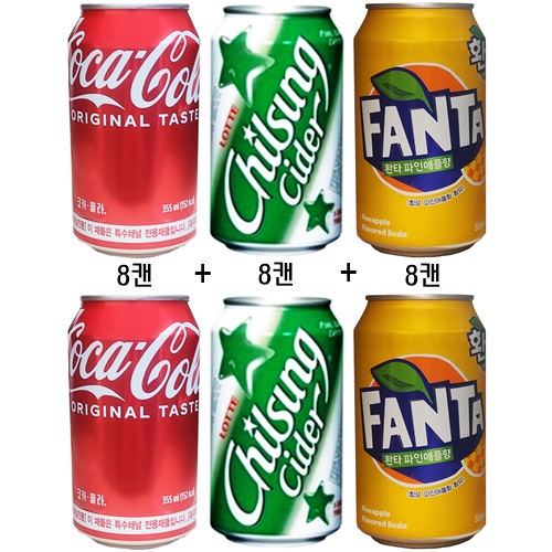 코카콜라 특수채널용 355ml(8캔) + 칠성사이다 업소용 355ml(8캔) + 환타 파인애플향 355ml(8캔), 355ml x 24캔 22,900원
