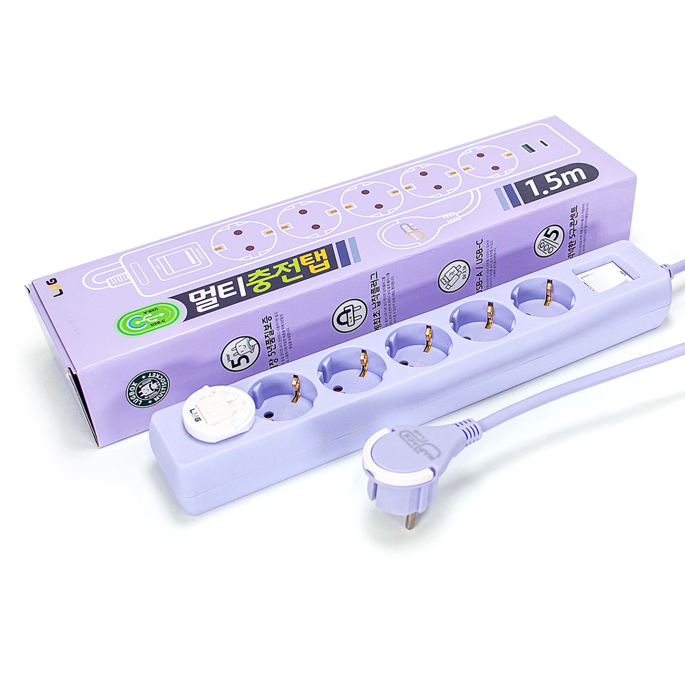러그박스 3/5구 납작플러그 고속충전 USB C타입 고용량 3680W 멀티탭 1.5M/ 3M, 1개, 5구 퍼플, 1.5m 24,500원
