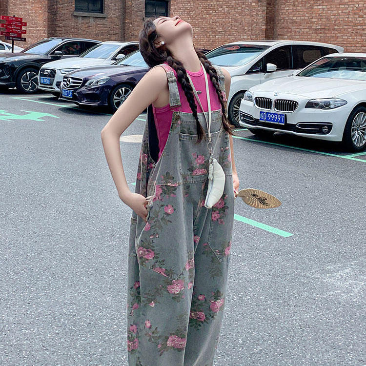 녕동 여성 캐주얼 프린트 와이드 배기 데님팬츠 루즈핏 데일리 멜빵 청 바지 점프슈트 34,600원