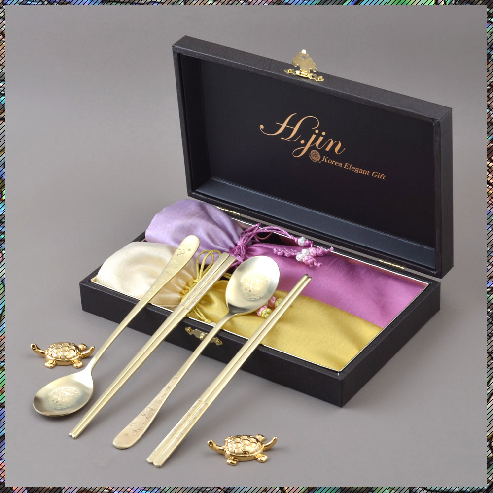 H.JIN 현진 비단십장생 티타늄골드 2인세트/ 신혼부부 집들이 외국인 바이어 연말 선물, 1박스, 수저세트, 골드 49,000원