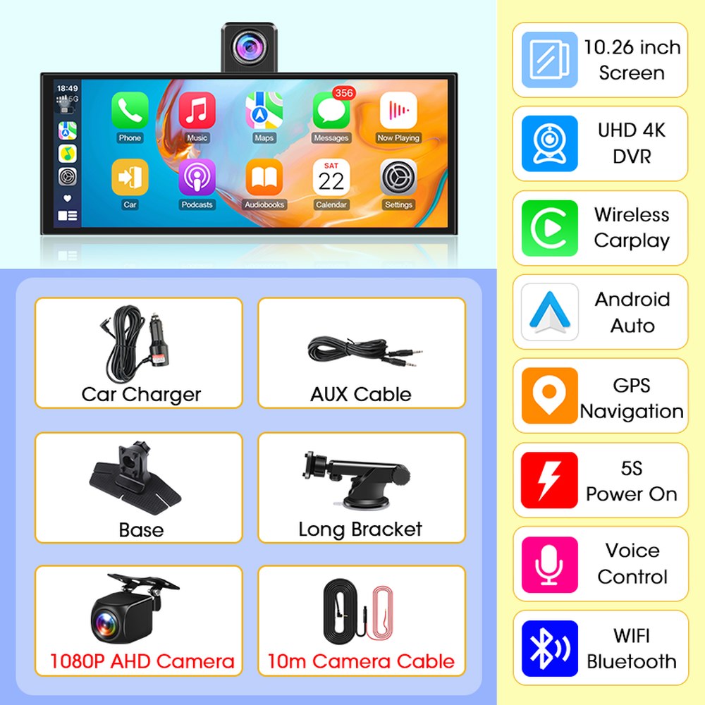 카플레이 모니터 10 26인치 4K 블랙박스 CarPlay Android Auto 지원 360 회전 5G Wi Fi GPS 내비게이션 FM AUX 후방 카메라 비디오 녹화 기능 110,400원