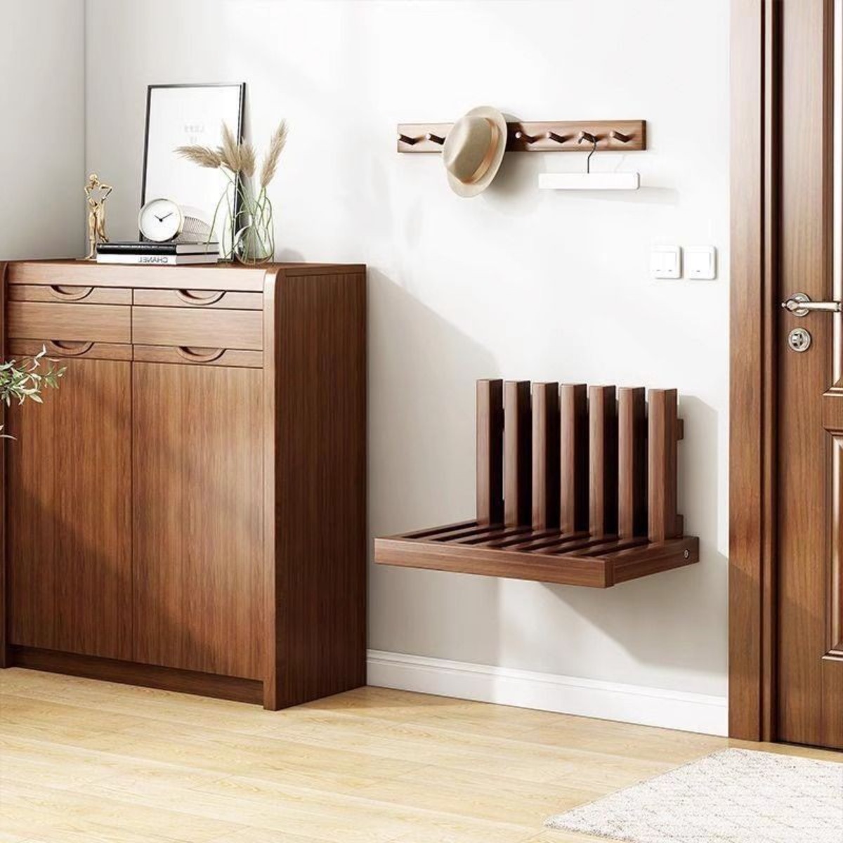 현관 접이식 의자 벽부착 의자 원목 접이식 신발장 의자 히든체어 입구 문 의자 침실 머리맡 테이블 보관, 1개, 월넛 색상 58,600원