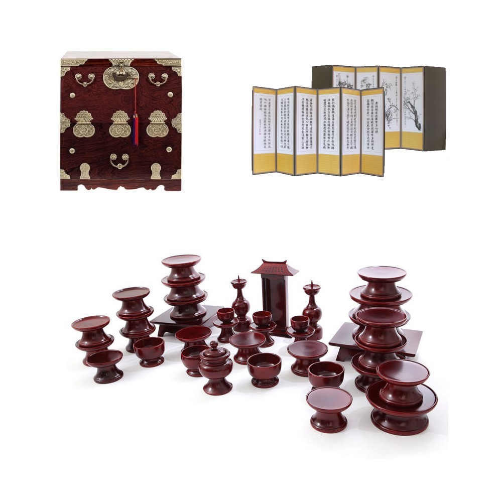 남원 문화재 오리목 제기 37p + 남원 오동나무 앞닫이 제기함 + 남원목기공예 비단 사군자 반야심경 6폭 병풍 609,000원