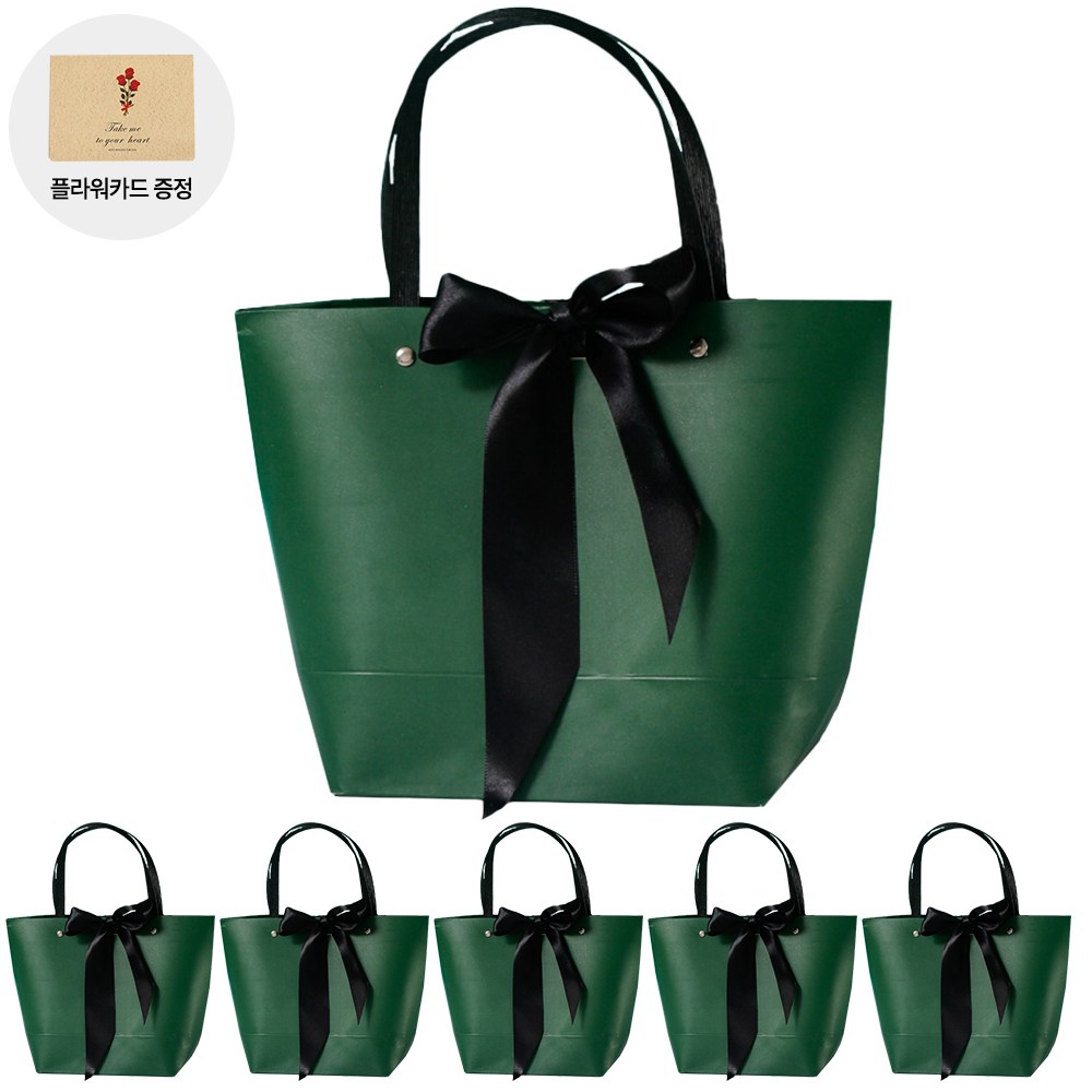 VITALO 블랙리본 기프트백 6P 선물 주머니 답례품 선물 포장 종이 가방 (플라워카드 6개 지급), GR(그린), 6개 9,400원